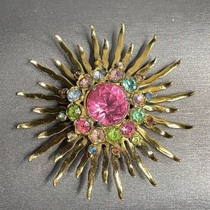 Rhinestone Starburst Talon High Dome 3D Mid Century Modern Vntg Brooch Unsigned